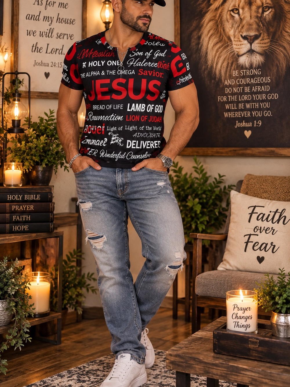 Jesus Christ Faith, graphic inspirational Scripture Print Shirt - Black & Red